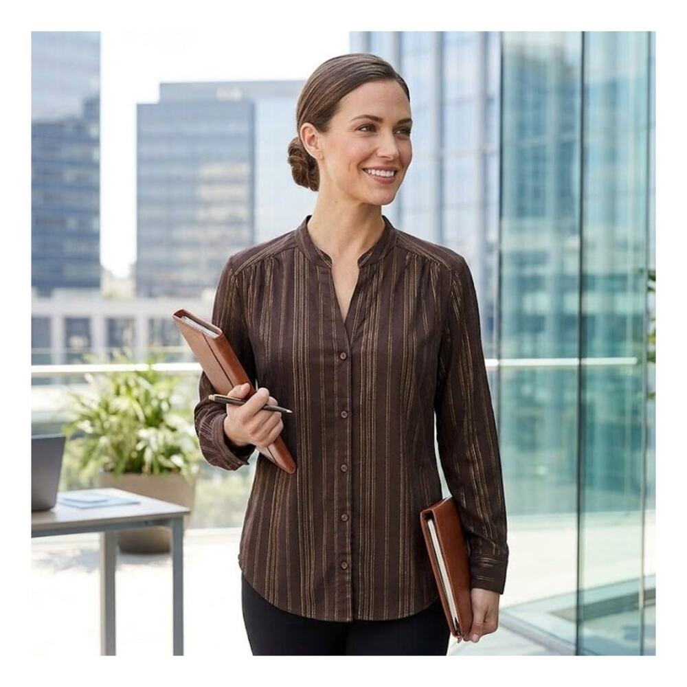 A.N.A Women's 3X Coco Brown Gold Shimmer V-Neck Blouse Y2K Careerwear Officecore